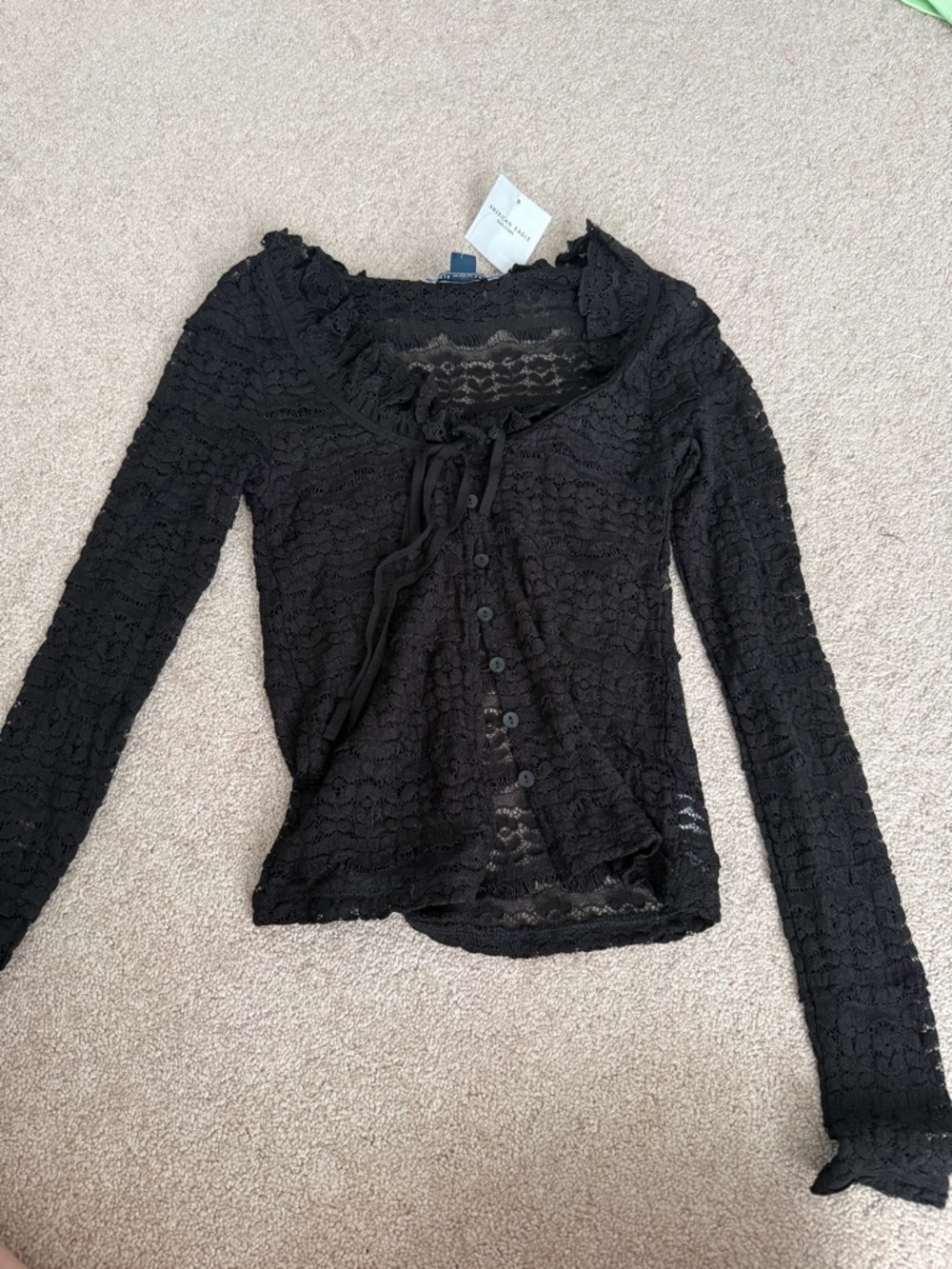 NEW American Eagle Outfitters Black Lace Button-Front Top